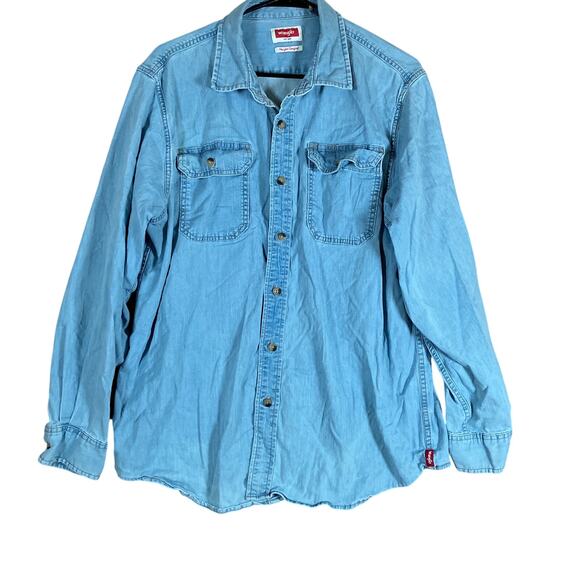 Wrangler Mens Shirt Blue Denim Button Down Front Pockets Long Sleeve Stretch L - Picture 1 of 12